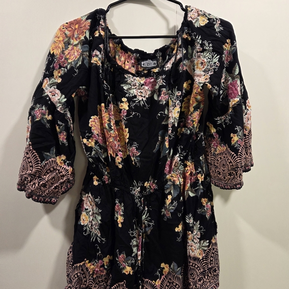 Angie Pants - Angie Black Dress with Floral Pink and Yellow